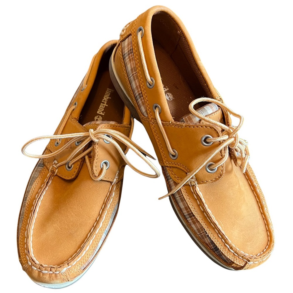 Timberland Woman’s Size 8 Tan Plaid Detailing Loafer Boat Slip On Shoes